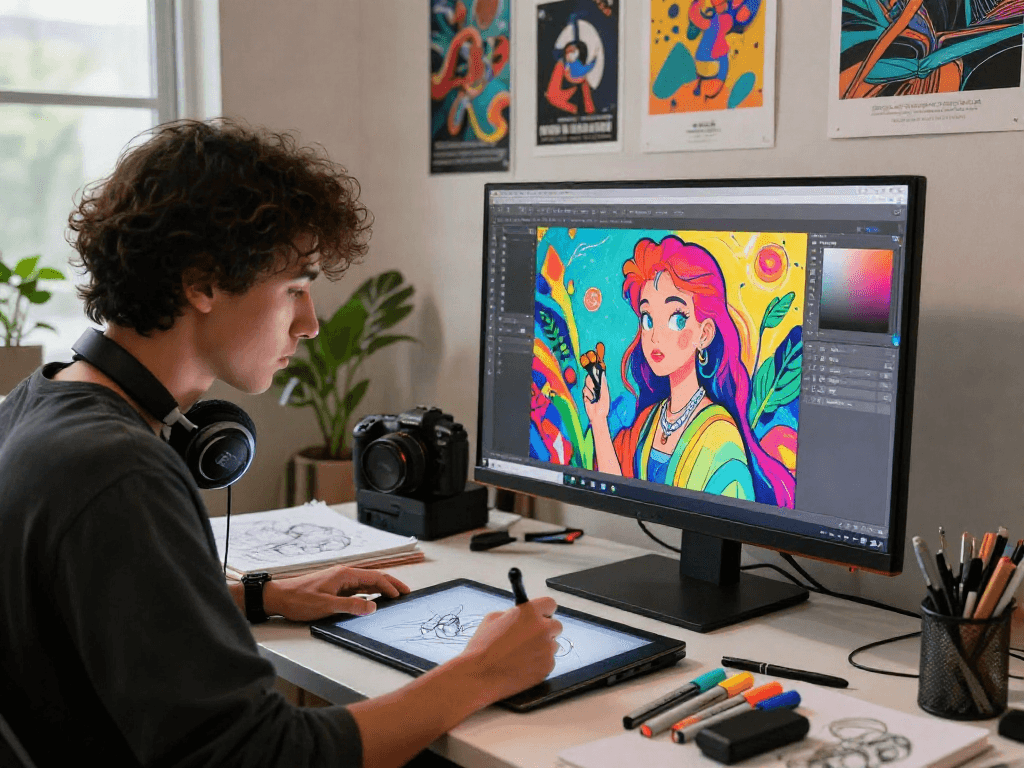 Creating stunning nsfw ai artwork in a vibrant digital art studio, showcasing creativity and innovation.